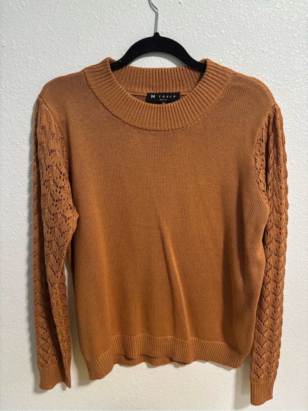 N Touch Crochet-Sleeve Crewneck Sweater - Rust